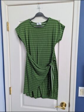 Kaileigh Olive Green Side-Tie Midi with Subtle Dash Print